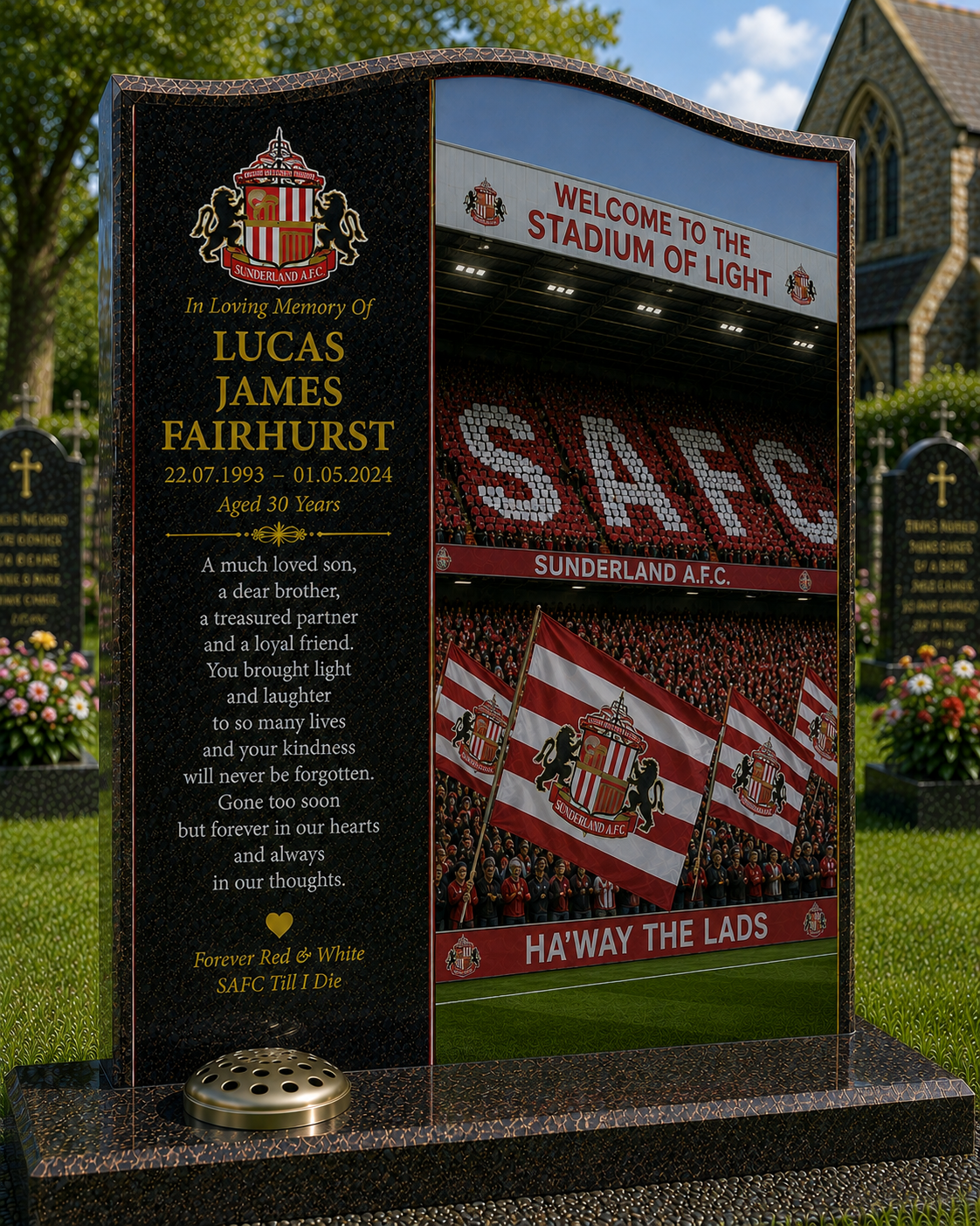Sunderland Football Headstone Memorial Design 2, personalised memorial design by Magic Memorials, HD0590