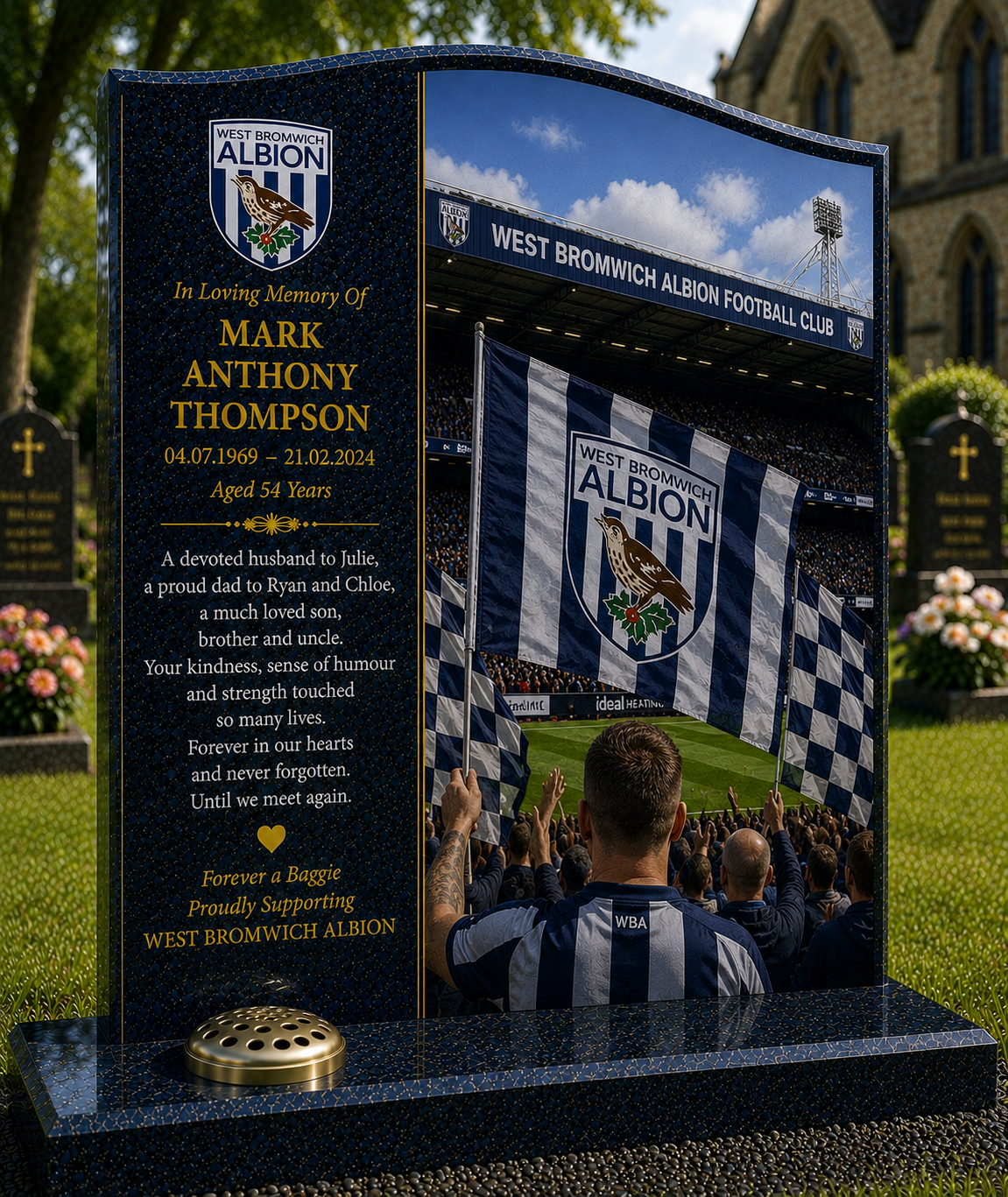 West Bromwich Albion Football Headstone Memorial Design 2, personalised memorial design by Magic Memorials, HD0593