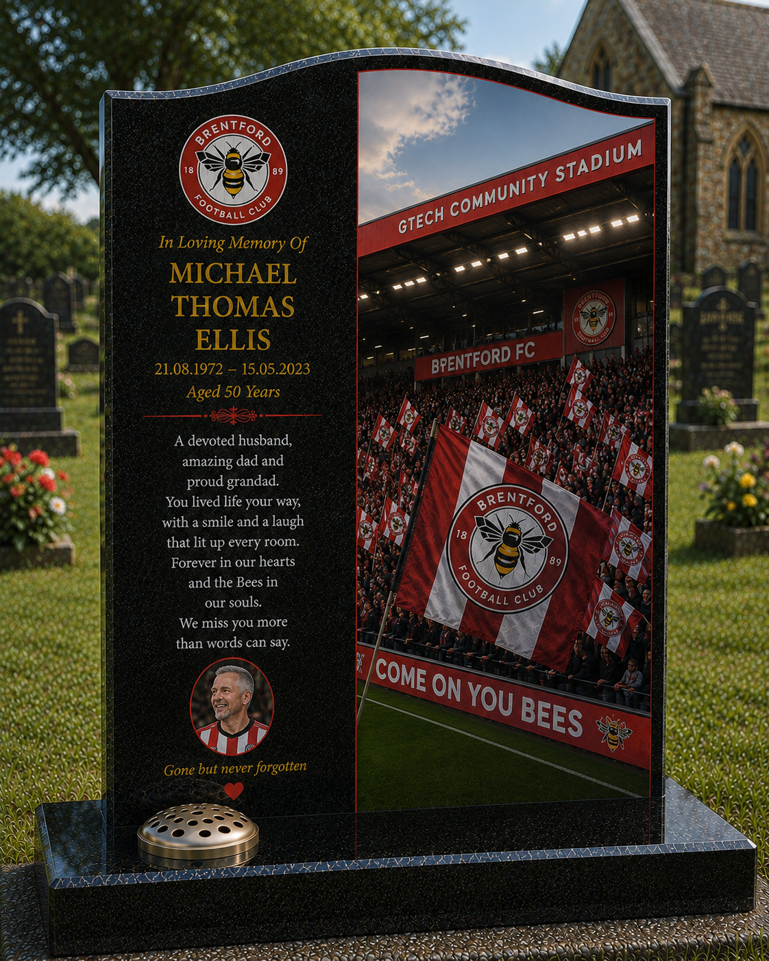Brentford Football Headstone Memorial Design 2, personalised memorial design by Magic Memorials, HD0610