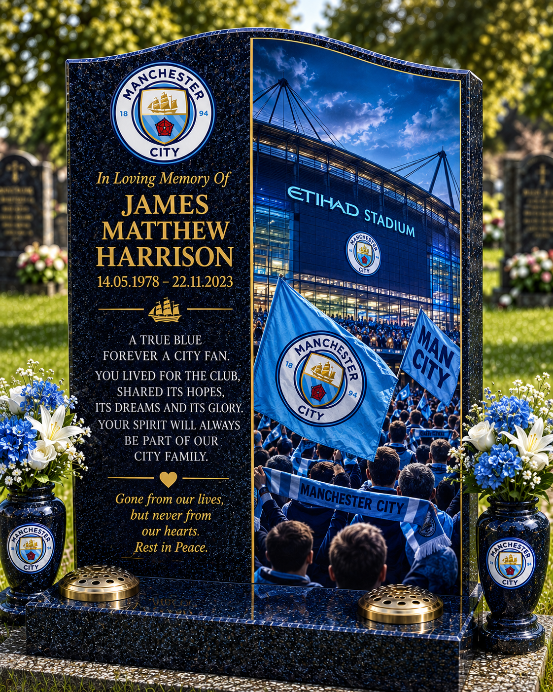 Manchester City Football Headstone Memorial Design 2, personalised memorial design by Magic Memorials, HD0611