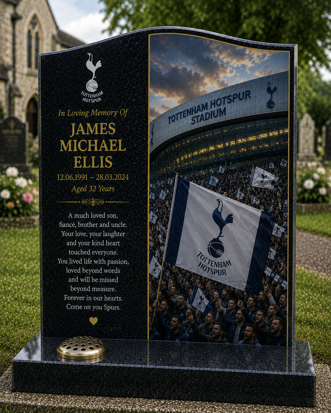 Tottenham Hotspur Football Headstone Memorial Design 2, personalised memorial design by Magic Memorials, HD0623