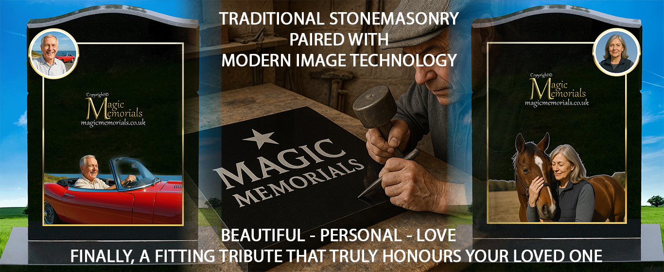 Magic Memorials headstone featuring a high-resolution photo on polished granite, expertly crafted in the UK