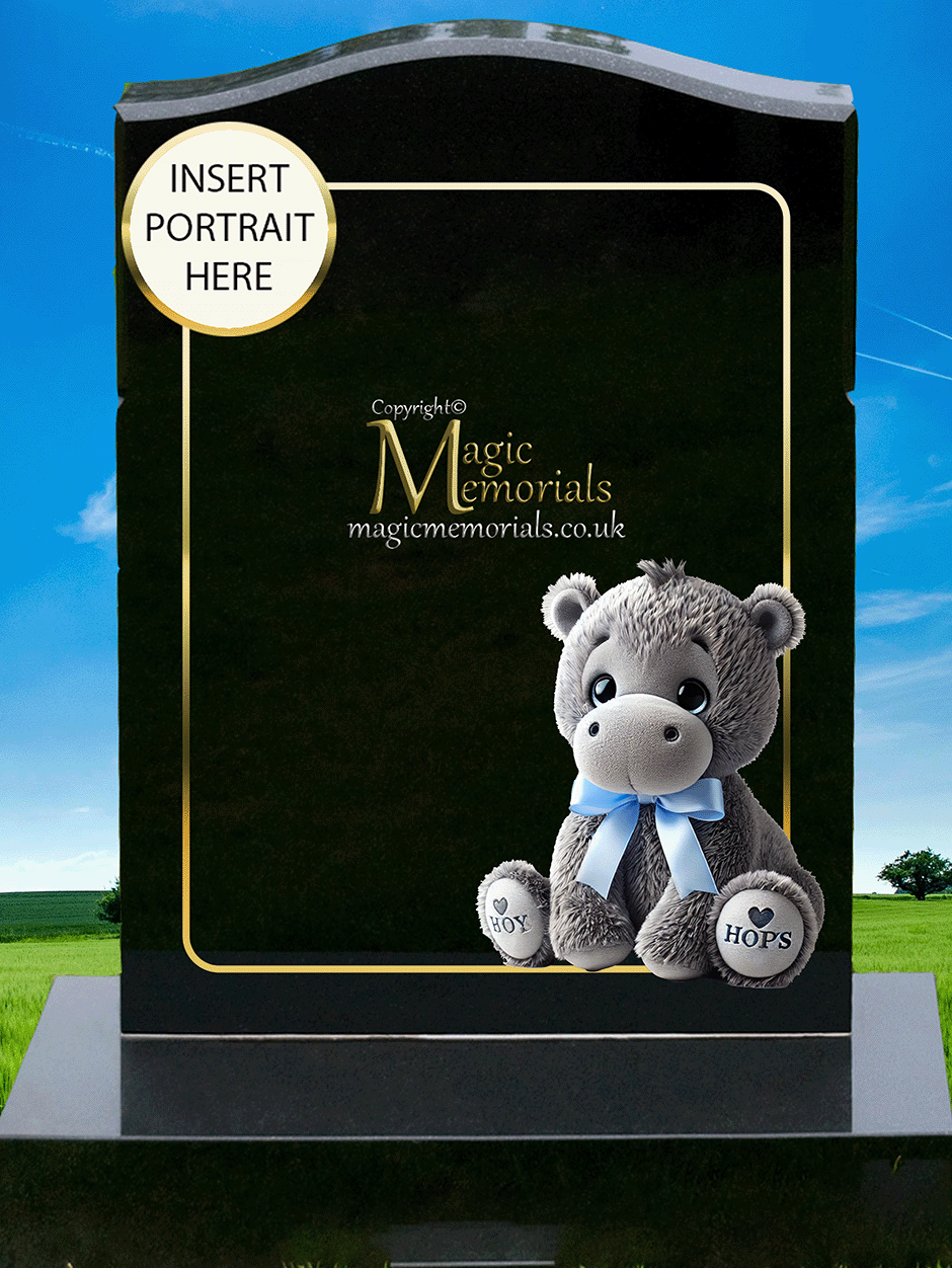 Children’s teddy bear-themed memorial headstone crafted from premium granite, featuring gentle teddy bear imagery and personalised inscriptions. A comforting and warm tribute to honour a child’s memory.