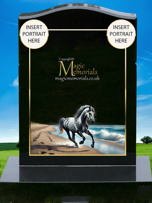 Horse memorial headstone crafted from premium granite, featuring a beautifully detailed engraving of a horse. A perfect tribute for equestrians, horse lovers, and those with a deep connection to these majestic animals.