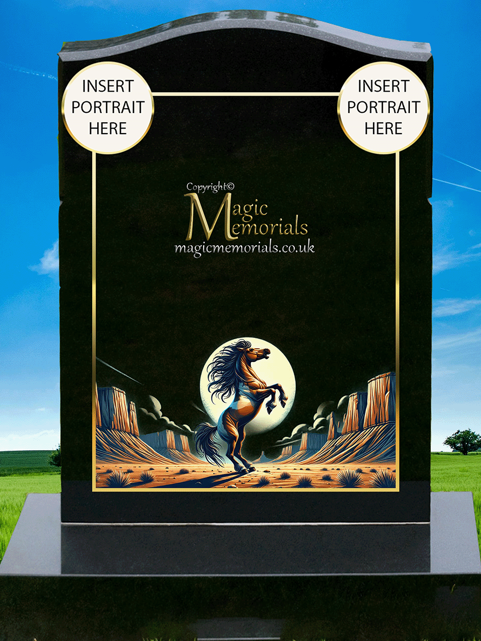 Horse memorial headstone crafted from premium granite, featuring a beautifully detailed engraving of a horse. A perfect tribute for equestrians, horse lovers, and those with a deep connection to these majestic animals.