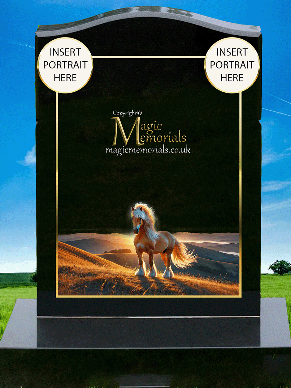 Horse memorial headstone crafted from premium granite, featuring a beautifully detailed engraving of a horse. A perfect tribute for equestrians, horse lovers, and those with a deep connection to these majestic animals.