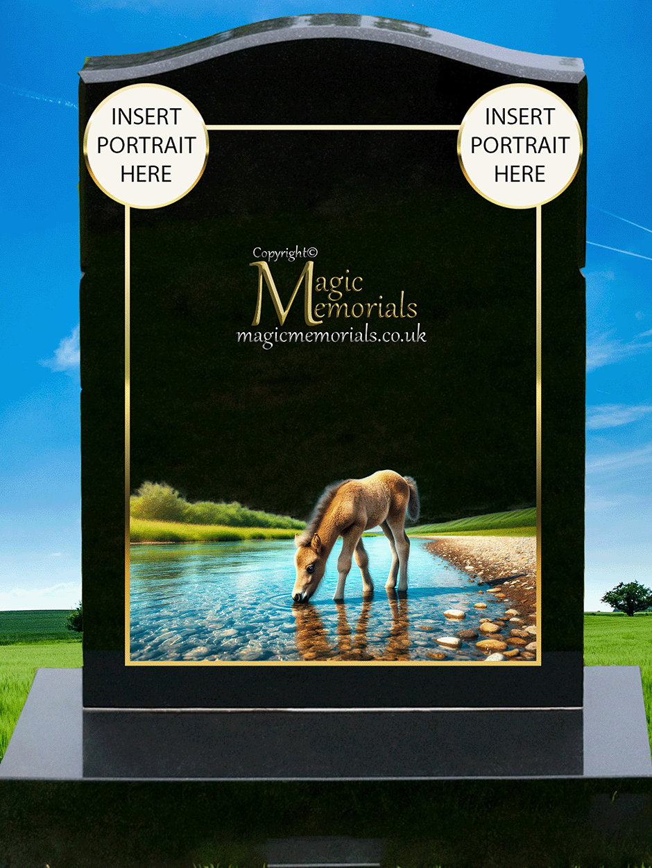 Horse memorial headstone crafted from premium granite, featuring a beautifully detailed engraving of a horse. A perfect tribute for equestrians, horse lovers, and those with a deep connection to these majestic animals.