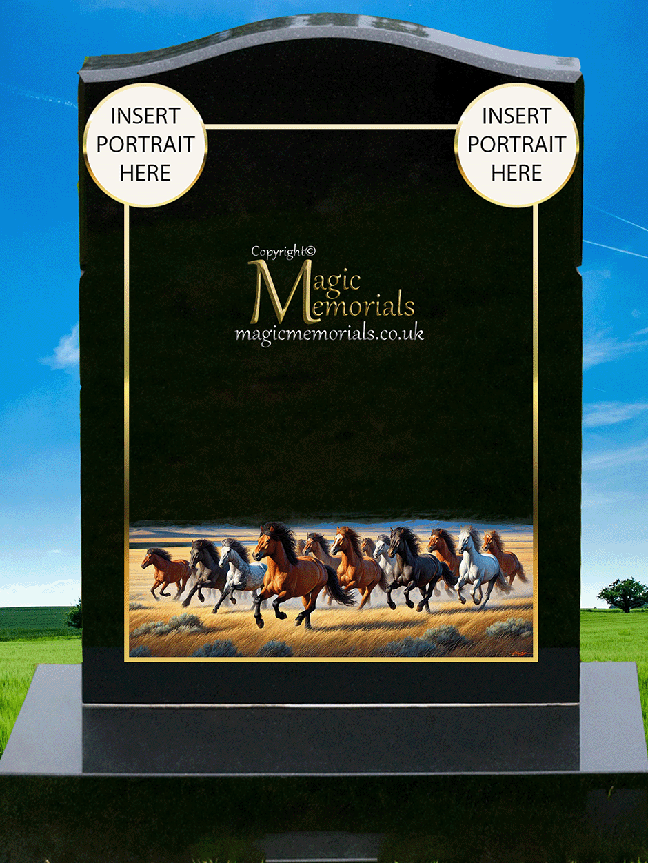 Horse memorial headstone crafted from premium granite, featuring a beautifully detailed engraving of a horse. A perfect tribute for equestrians, horse lovers, and those with a deep connection to these majestic animals.