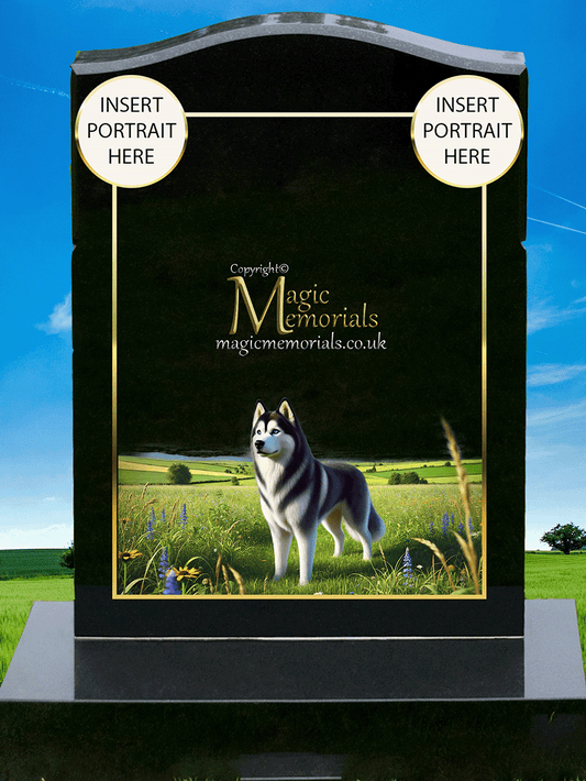 Husky Lover Memorial Headstone crafted from premium granite, featuring high-resolution Husky imagery and a personalised inscription. A meaningful tribute for fans of this strong and independent breed.