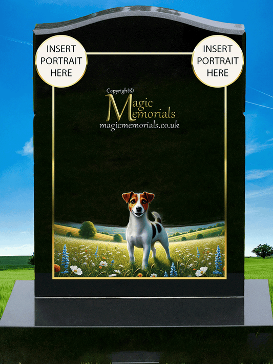 Jack Russell Terrier Lover Memorial Headstone crafted from premium granite, featuring high-resolution Jack Russell imagery and a personalised inscription. A touching tribute for fans of this bold and energetic breed.