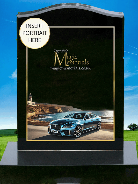 Jaguar Enthusiast Memorial Headstone crafted from premium granite, featuring a beautifully engraved Jaguar car design. A lasting tribute for luxury car lovers and automotive enthusiasts, fully customisable with inscriptions and artwork.