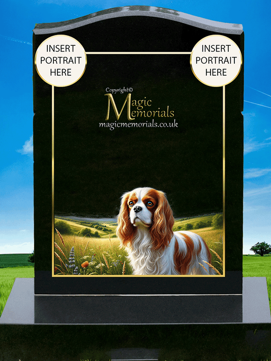 Cavalier King Charles Spaniel Lover Memorial Headstone crafted from premium granite, featuring high-resolution breed imagery and a personalised inscription. A timeless tribute for dog lovers and Cavalier owners