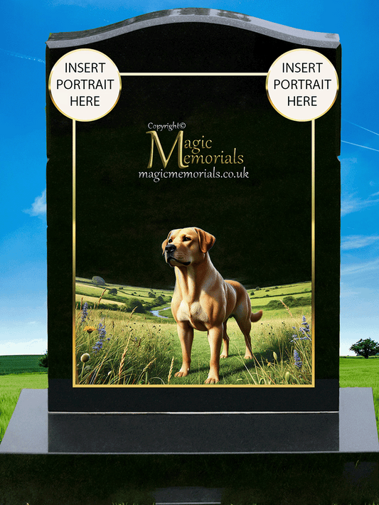 Labrador Lover Memorial Headstone made from premium granite, featuring high-resolution Labrador imagery and a personalised inscription. A touching tribute for those who loved this gentle and loyal breed.
