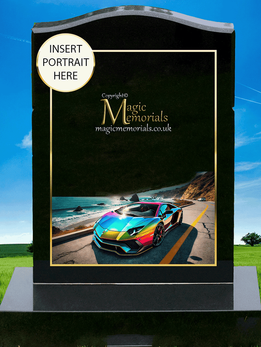 Lamborghini Enthusiast Memorial Headstone crafted from premium granite, featuring a beautifully engraved Lamborghini-inspired design. A lasting tribute for supercar lovers and motorsport enthusiasts, fully customisable with inscriptions and artwork.