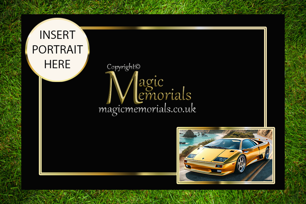 Granite cremation tablet for a car enthusiast, with personalised inscription and custom vehicle artwork added after order. A respectful tribute to a passionate motor lover.