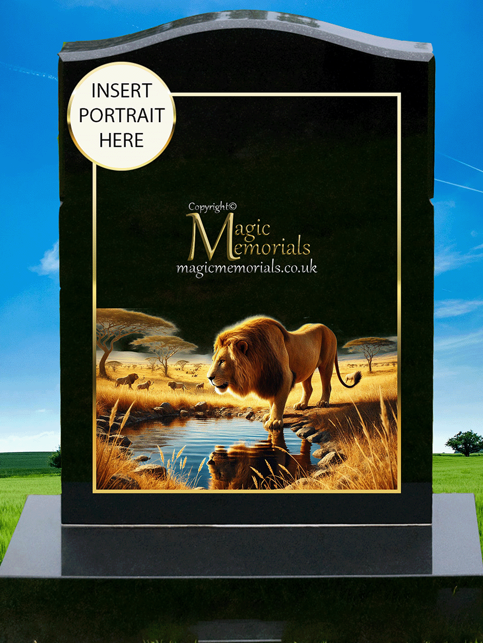 Wild animal memorial headstone crafted from premium granite, featuring a beautifully detailed engraving of a lion, tiger, or wolf. A powerful tribute for wildlife enthusiasts and those who admired nature’s most majestic creatures.