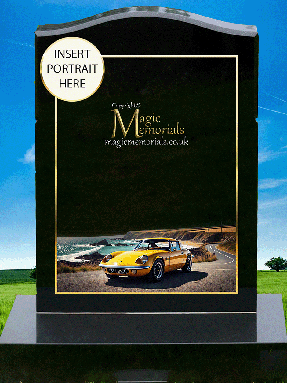 British Car Enthusiast Memorial Headstone crafted from premium granite, featuring a beautifully engraved Aston Martin, Bentley, Jaguar, Rolls-Royce, Lotus, Mini, or other British car design. A meaningful tribute for classic and modern British car lovers, fully customisable with inscriptions and artwork.