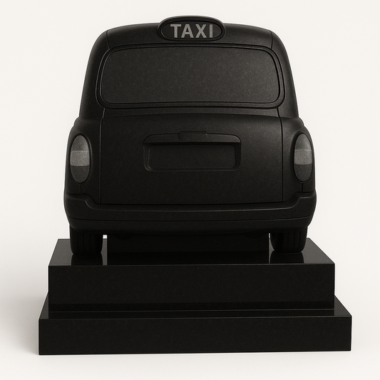 3D Black Taxi Shaped Memorial Headstone Rear View, granite memorial by Magic Memorials, MM270