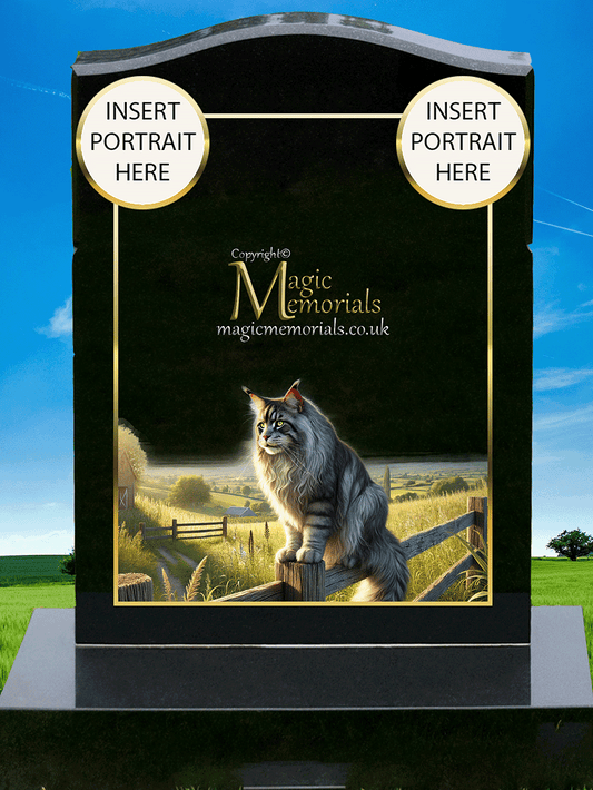 Maine Coon Cat Lover Memorial Headstone crafted from premium granite, featuring high-resolution Maine Coon imagery and personalised inscription. A majestic tribute to a beloved long-haired feline companion.