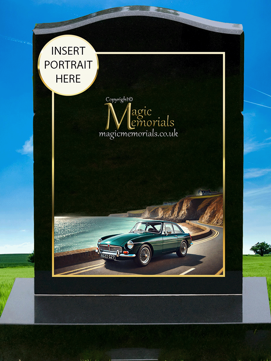 British Car Enthusiast Memorial Headstone crafted from premium granite, featuring a beautifully engraved Aston Martin, Bentley, Jaguar, Rolls-Royce, Lotus, Mini, or other British car design. A meaningful tribute for classic and modern British car lovers, fully customisable with inscriptions and artwork.