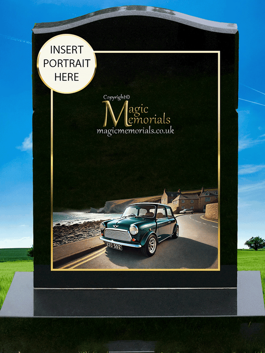 British Car Enthusiast Memorial Headstone crafted from premium granite, featuring a beautifully engraved Aston Martin, Bentley, Jaguar, Rolls-Royce, Lotus, Mini, or other British car design. A meaningful tribute for classic and modern British car lovers, fully customisable with inscriptions and artwork.