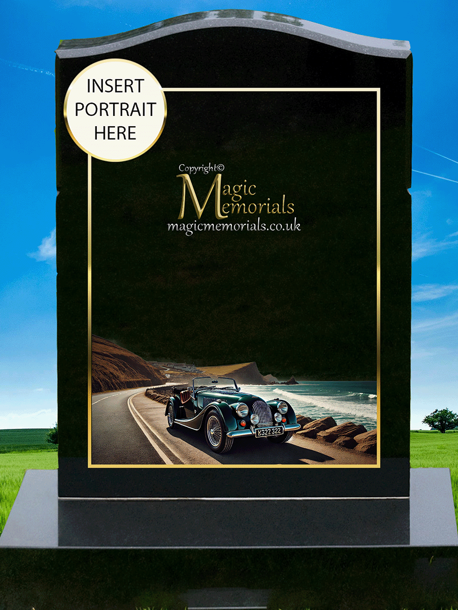 British Car Enthusiast Memorial Headstone crafted from premium granite, featuring a beautifully engraved Aston Martin, Bentley, Jaguar, Rolls-Royce, Lotus, Mini, or other British car design. A meaningful tribute for classic and modern British car lovers, fully customisable with inscriptions and artwork.