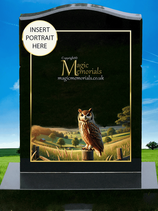 Owl Lover Memorial Headstone crafted from premium granite, featuring a beautifully engraved owl perched or in flight. A meaningful tribute for owl enthusiasts, symbolising wisdom, mystery, and spiritual connection. Fully customisable with inscriptions and artwork.