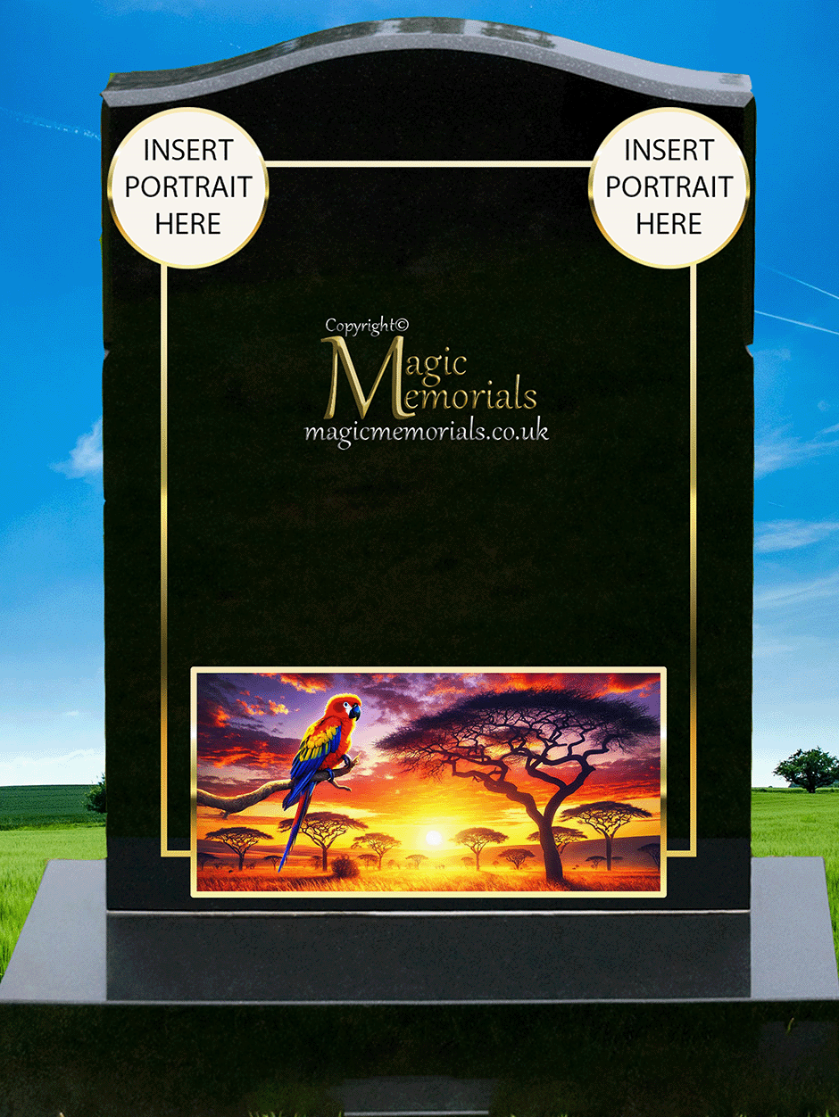 Parrot memorial headstone crafted from premium granite, featuring a beautifully engraved parrot perched on a branch or in flight. A heartfelt tribute symbolising joy, intelligence, and companionship.