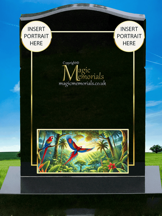 Parrot memorial headstone crafted from premium granite, featuring a beautifully engraved parrot perched on a branch or in flight. A heartfelt tribute symbolising joy, intelligence, and companionship.
