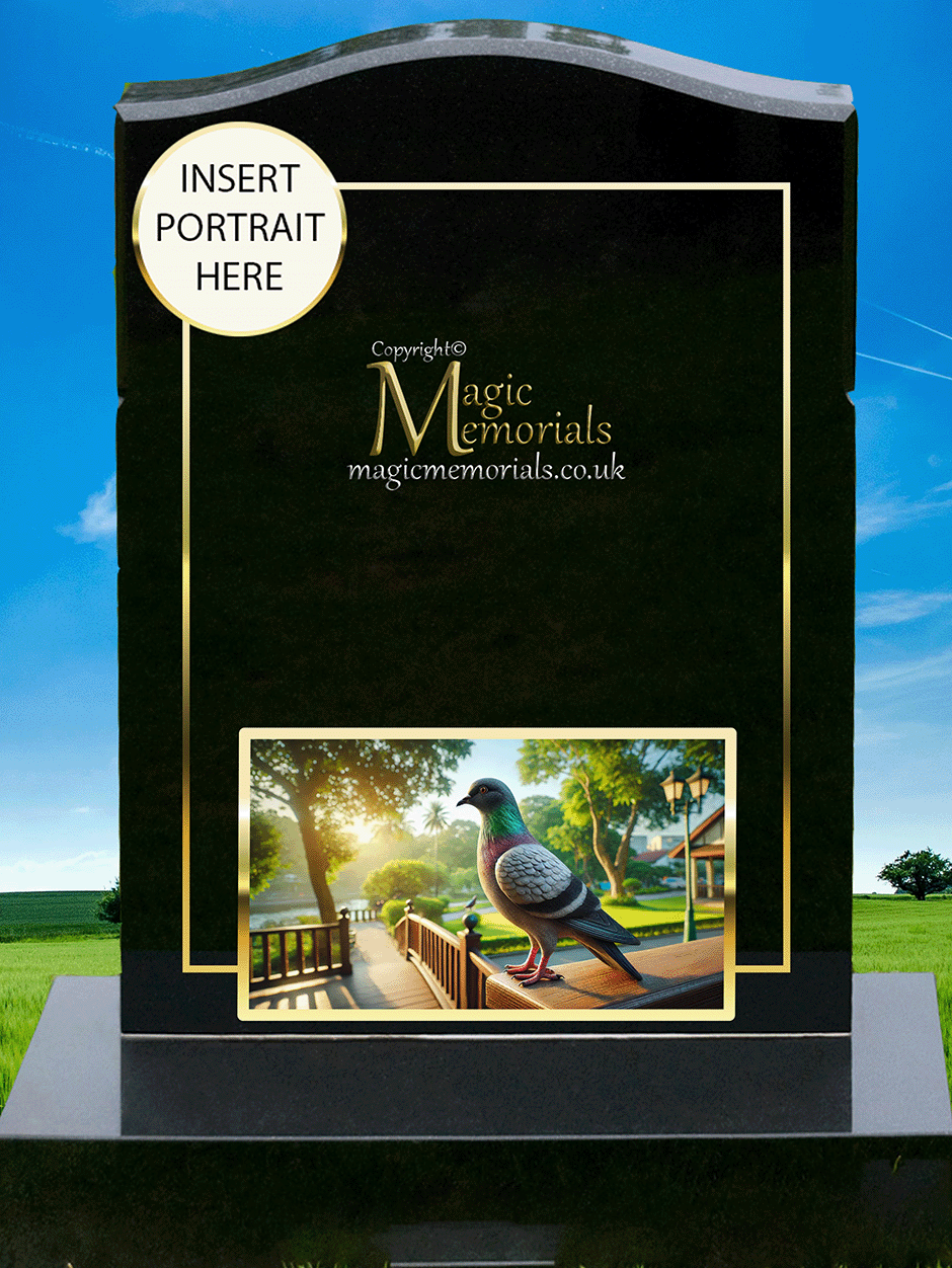 Pigeon Enthusiast Memorial Headstone crafted from premium granite, featuring a beautifully engraved pigeon in flight or at rest. A meaningful tribute for pigeon fanciers, racing enthusiasts, and bird lovers, fully customisable with inscriptions and artwork.