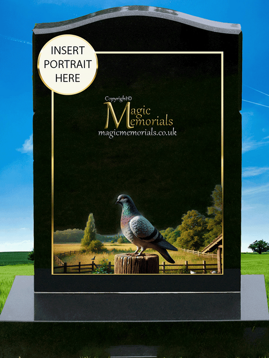 Pigeon Enthusiast Memorial Headstone crafted from premium granite, featuring a beautifully engraved pigeon in flight or at rest. A meaningful tribute for pigeon fanciers, racing enthusiasts, and bird lovers, fully customisable with inscriptions and artwork.