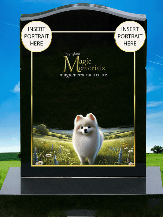 Pomeranian Lover Memorial Headstone crafted from premium granite, featuring high-resolution Pomeranian imagery and a personalised inscription. A touching tribute for Pom owners and admirers.