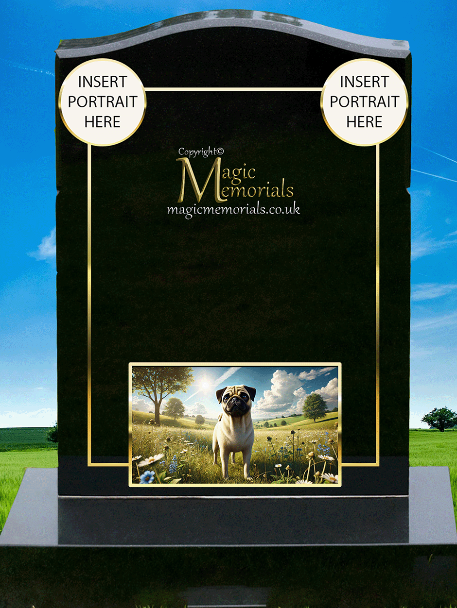 Pug Lover Memorial Headstone crafted from premium granite, featuring high-resolution Pug imagery and a personalised inscription. A touching and joyful tribute for Pug owners and enthusiasts.