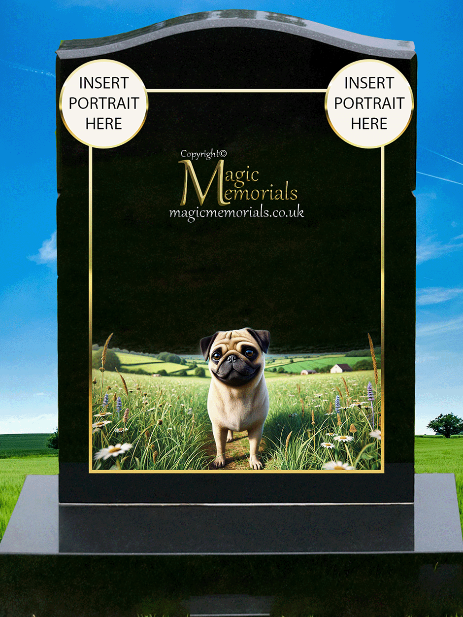 Pug Lover Memorial Headstone crafted from premium granite, featuring high-resolution Pug imagery and a personalised inscription. A touching and joyful tribute for Pug owners and enthusiasts.
