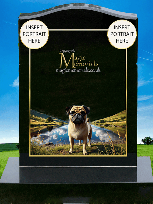 Pug Lover Memorial Headstone crafted from premium granite, featuring high-resolution Pug imagery and a personalised inscription. A touching and joyful tribute for Pug owners and enthusiasts.