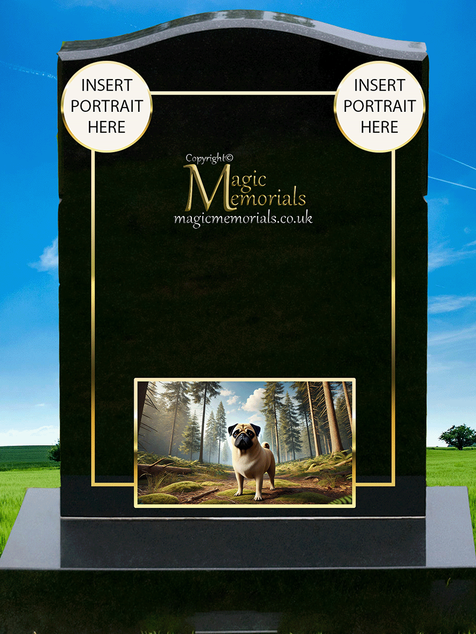 Pug Lover Memorial Headstone crafted from premium granite, featuring high-resolution Pug imagery and a personalised inscription. A touching and joyful tribute for Pug owners and enthusiasts.