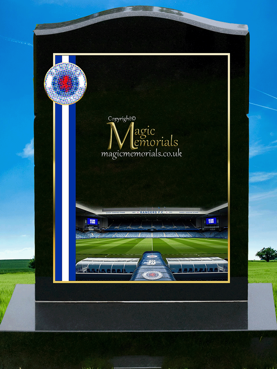 Rangers FC Supporter Memorial Headstone crafted from premium granite, featuring high-resolution images and a personalised inscription. A meaningful tribute for devoted Gers fans, fully customisable with names, dates, and heartfelt messages.