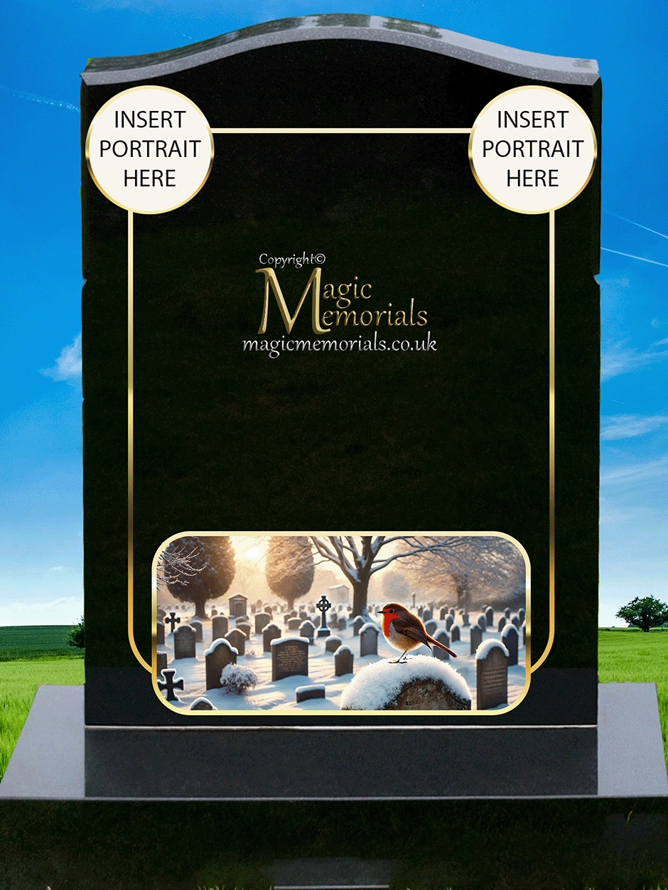 Robin memorial headstone crafted from premium granite, featuring a beautifully engraved robin—a timeless symbol of love, remembrance, and spiritual connection. A meaningful tribute for a loved one.
