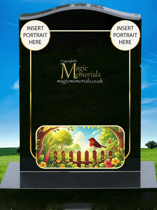 Robin memorial headstone crafted from premium granite, featuring a beautifully engraved robin—a timeless symbol of love, remembrance, and spiritual connection. A meaningful tribute for a loved one.