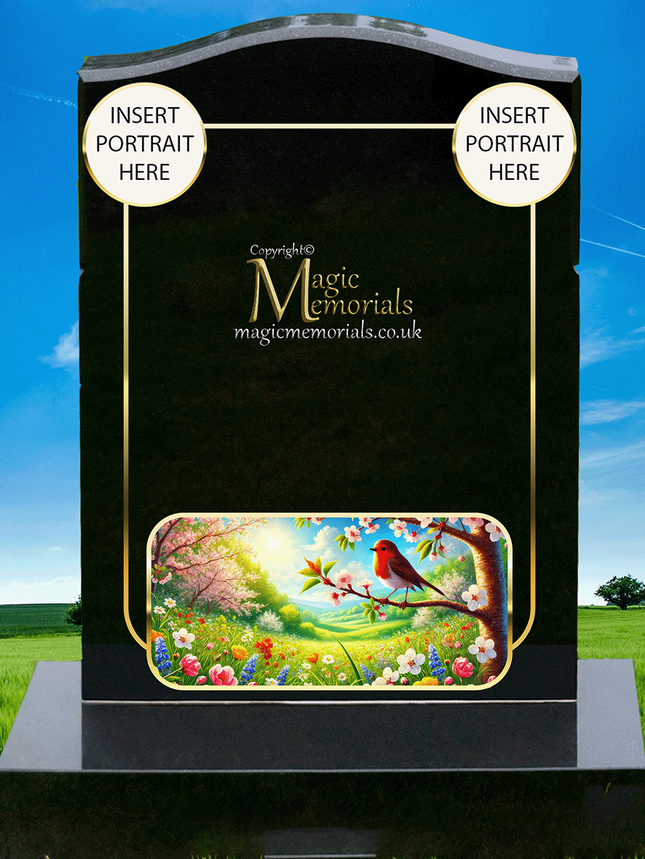 Robin memorial headstone crafted from premium granite, featuring a beautifully engraved robin—a timeless symbol of love, remembrance, and spiritual connection. A meaningful tribute for a loved one.