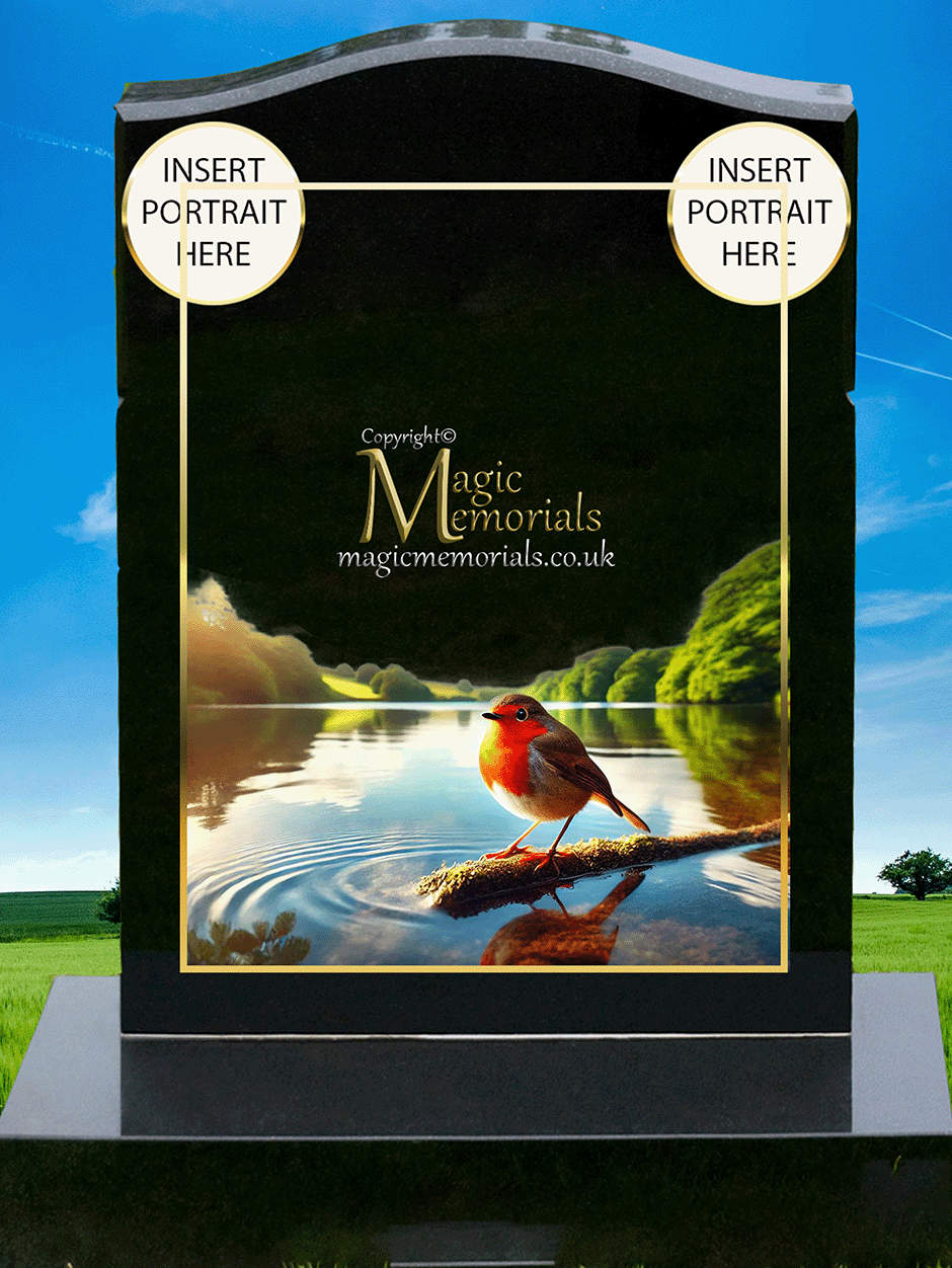 Robin memorial headstone crafted from premium granite, featuring a beautifully engraved robin—a timeless symbol of love, remembrance, and spiritual connection. A meaningful tribute for a loved one.