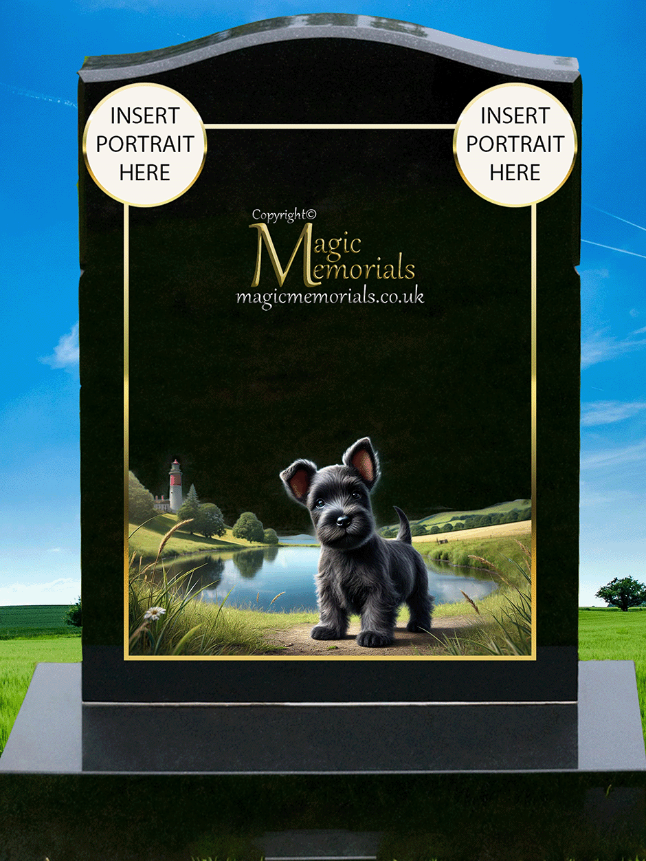 Scottish Terrier Lover Memorial Headstone made from premium granite, featuring high-resolution Scottie imagery and a personalised inscription. A dignified tribute for fans of this proud and iconic breed.