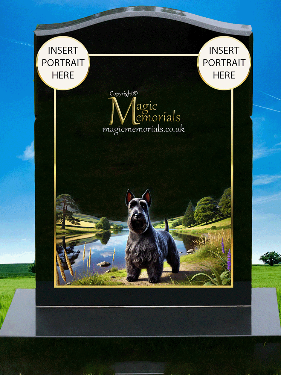 Scottish Terrier Lover Memorial Headstone made from premium granite, featuring high-resolution Scottie imagery and a personalised inscription. A dignified tribute for fans of this proud and iconic breed.