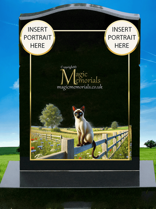 Siamese Cat Lover Memorial Headstone crafted from premium granite, featuring high-resolution Siamese cat imagery and personalised inscription. A timeless tribute to a vocal and elegant feline companion.