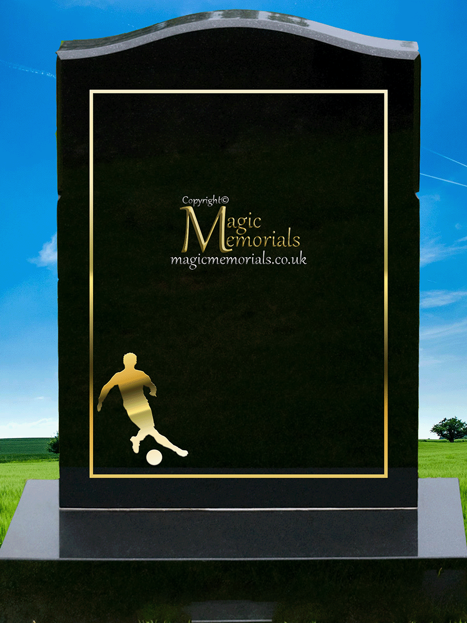Traditional silhouette memorial headstone crafted from premium granite. Custom silhouettes available in four sizes, elegantly integrated into the border, perfect for churchyard restrictions.