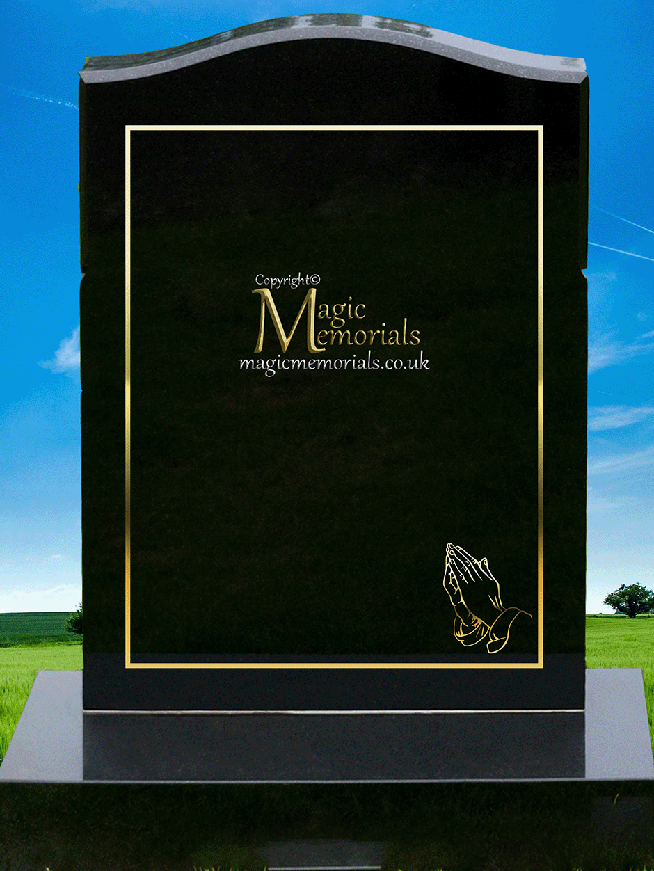 Traditional silhouette memorial headstone crafted from premium granite. Custom silhouettes available in four sizes, elegantly integrated into the border, perfect for churchyard restrictions.
