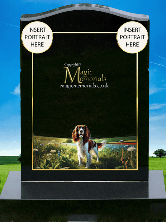 Springer Spaniel Lover Memorial Headstone crafted from premium granite, featuring high-resolution Springer Spaniel imagery and a personalised inscription. A lasting tribute for owners of this affectionate and energetic breed.