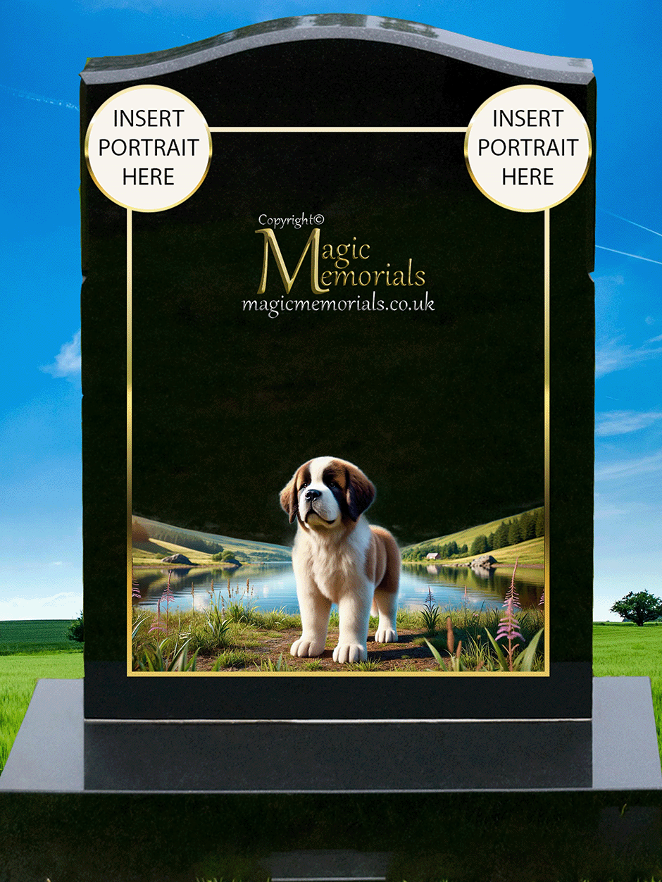Saint Bernard Lover Memorial Headstone made from premium granite, featuring high-resolution imagery of a Saint Bernard and personalised engraving. A heartfelt tribute for dog lovers who cherished this gentle giant breed.