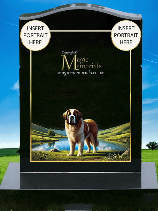 Saint Bernard Lover Memorial Headstone made from premium granite, featuring high-resolution imagery of a Saint Bernard and personalised engraving. A heartfelt tribute for dog lovers who cherished this gentle giant breed.