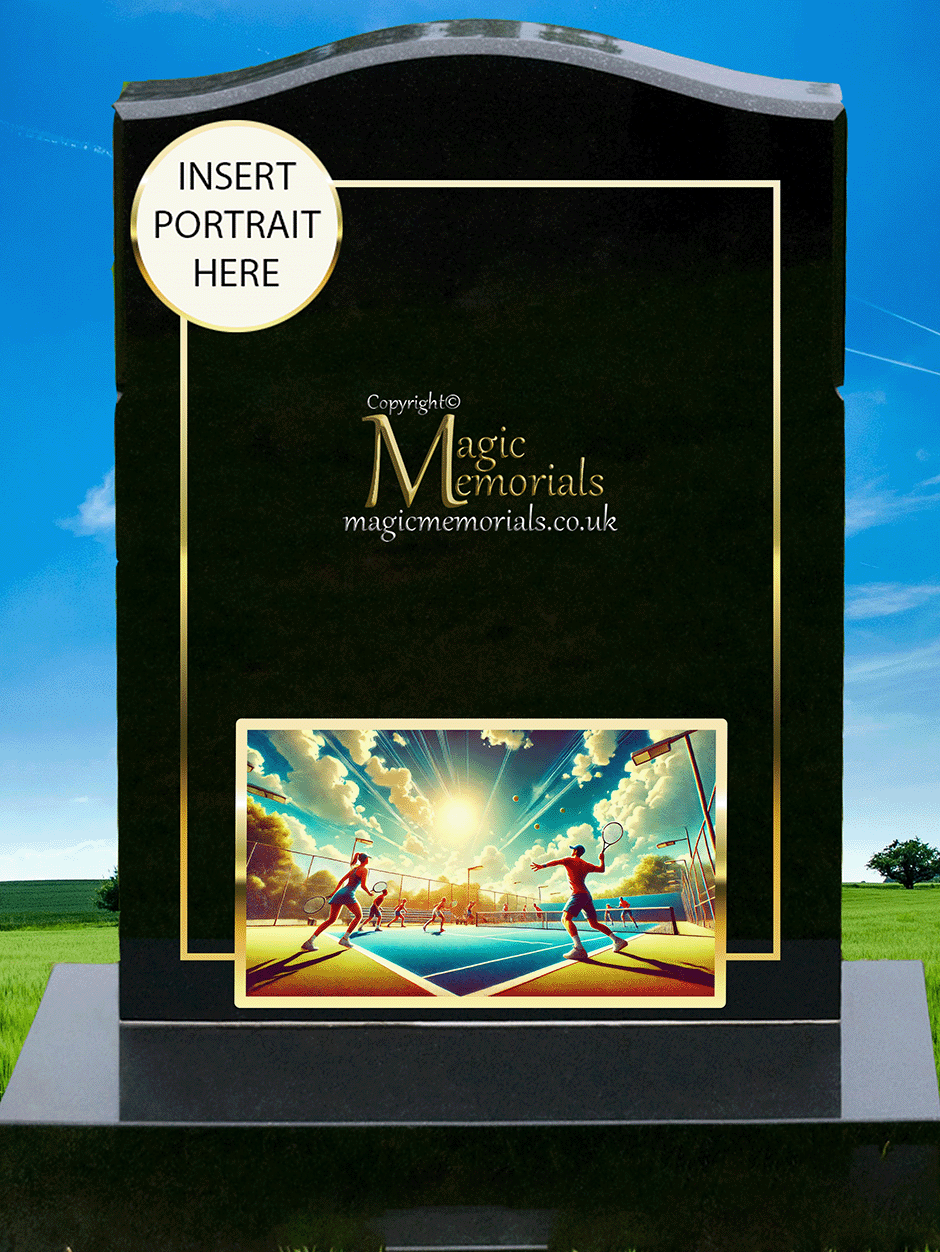 Tennis memorial headstone made from premium granite, featuring high-resolution imagery of tennis rackets and courts with a personalised inscription. A fitting tribute to a tennis enthusiast.